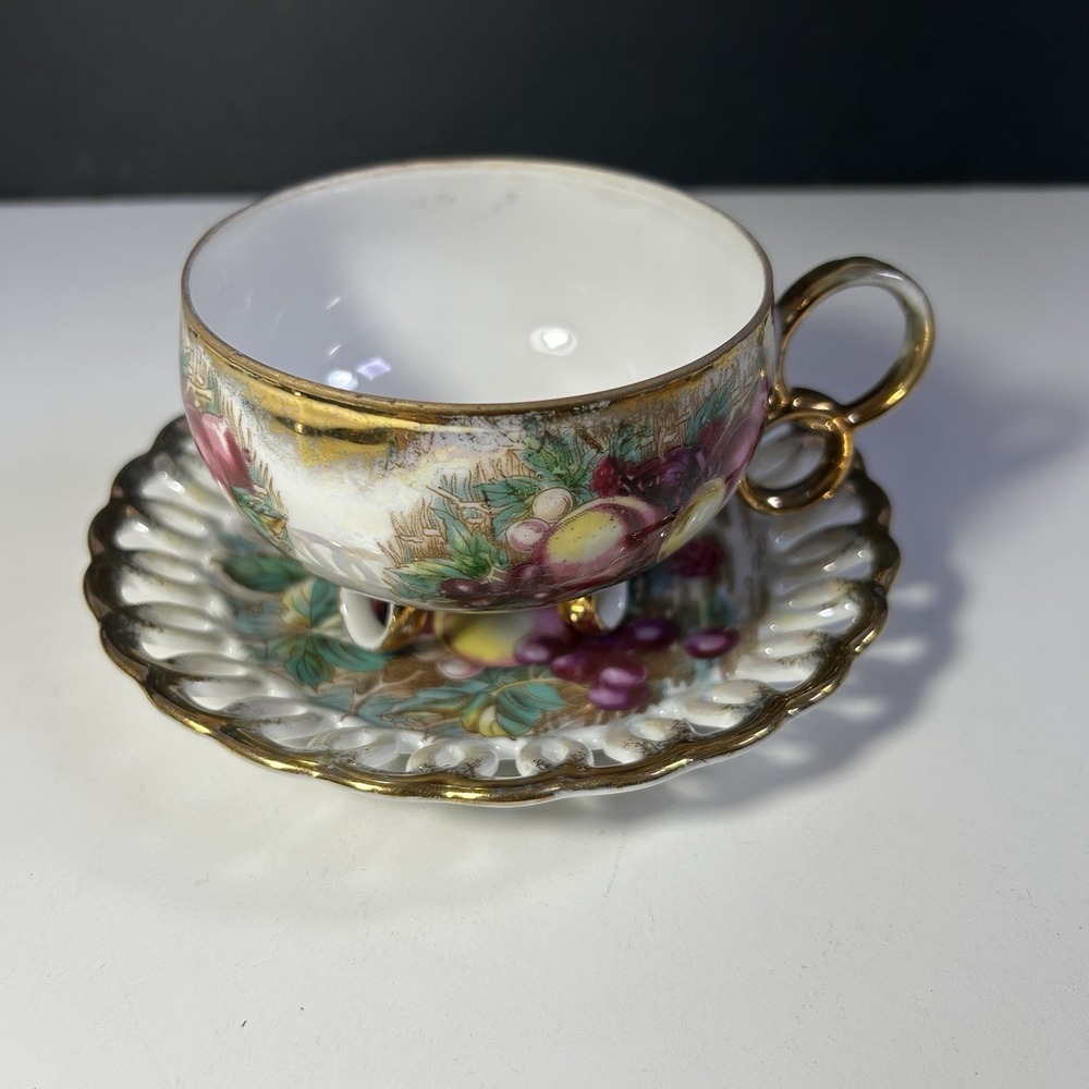 Lefton Style Vintage Hand Painted Fruit Teacup Pierced Saucer Gold Footed Japan